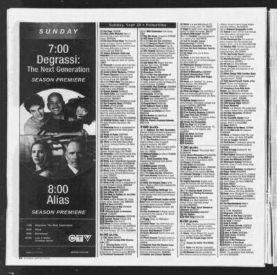 Calgary Herald – TV Listings Featuring Degrassi: The Next Generation Season Premiere
TV listings page from the Calgary Herald dated September 27, 2002, promoting the September 29, 2002, season premiere of Degrassi: The Next Generation on CTV. Includes a large vertical advertisement featuring cast members Adamo Ruggiero, Pat Mastroianni, and Alex Steele, along with primetime schedules for other programs.
Keywords: Calgary Herald;TV listings;Degrassi: The Next Generation;CTV;Season 2 premiere;September 2002;Pat Mastroianni;Adamo Ruggiero;Alex Steele;Canadian television;Broadcast schedule;Press archive