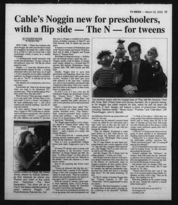 The Messenger – Cable’s Noggin new for preschoolers, with a flip side — The N — for tweens
An Associated Press article announcing Noggin’s April 1, 2002 relaunch with two programming blocks: preschool content during the day and “The N” for tweens at night. Degrassi: The Next Generation is featured as one of The N’s anchor shows, alongside Clarissa Explains It All and A Walk in Your Shoes. The piece outlines the network’s aim to provide realistic, relatable programming for tweens while maintaining educational value.
Keywords: Degrassi: The Next Generation;The Messenger;2002;Noggin;The N;network relaunch;preschool programming;A Walk in Your Shoes;Clarissa Explains It All;youth drama;Aubrey Graham;Lauren Collins;Paige Michalchuk;Jimmy Brooks;Canadian television