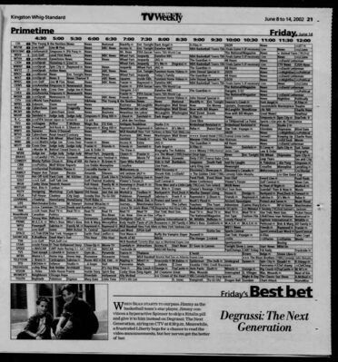 The Kingston Whig-Standard – Friday’s Best Bet: Degrassi: The Next Generation
A TV listings page highlighting Degrassi: The Next Generation as Friday’s “Best Bet.” The listing promotes an episode where Sean’s basketball success causes tension with Jimmy, leading Jimmy to manipulate Spinner into giving Sean a Ritalin pill. Liberty, meanwhile, competes for a spot on the school’s video announcements team, but her nerves may get the best of her.
Keywords: Degrassi: The Next Generation;Kingston Whig-Standard;2002;TV listings;Best Bet;Sean Cameron;Jimmy Brooks;Spinner Mason;Liberty Van Zandt;basketball;Ritalin;school announcements;Canadian television