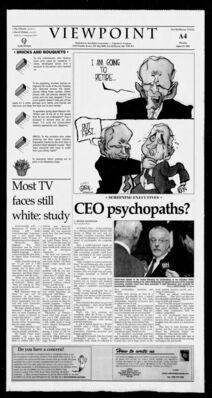 Fort McMurray Today – “Most TV Faces Still White” Study Mentions Degrassi: The Next Generation
Article published in Fort McMurray Today on August 29, 2002, covering a study on the lack of visible minorities in Canadian TV dramas. Degrassi: The Next Generation is cited among the programs evaluated, highlighting industry concerns about representation and diversity in casting.
Keywords: Degrassi: The Next Generation;Fort McMurray Today;2002;diversity in television;representation;Canadian TV;media study;visible minorities;casting;CHUM;Showcase;Global;CBC;CTV;Simon Fraser University study