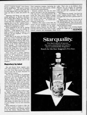 The Toronto Star – Rep(ertory) by Talent
Article from The Toronto Star dated October 16, 1982, profiling Linda Schuyler and Kit Hood’s work with Playing With Time, Inc., the creators of The Kids of Degrassi Street. The piece discusses the production company’s approach to casting, its roots in documentary filmmaking, and its commitment to tackling serious social issues through children’s programming.
Keywords: The Kids of Degrassi Street;Linda Schuyler;Kit Hood;Playing With Time;Toronto Star;1982;CBC;Canadian television;children’s programming;Degrassi history;TV production;Canadian TV