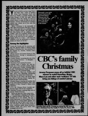 The Toronto Star – CBC’s Family Christmas
Article from The Toronto Star dated December 17, 1983, promoting CBC’s holiday special Merry Christmas From Our Family To Yours. The program features various CBC personalities, including cast members from The Kids of Degrassi Street (appearing as The Kids of Just Down The Street) singing “Rudolph the Red-Nosed Reindeer.” The piece highlights the show’s emphasis on relatable, ordinary people and festive celebrations.
Keywords: The Kids of Degrassi Street;CBC;The Toronto Star;1983;Merry Christmas From Our Family To Yours;Canadian television;holiday special;children's programming;family entertainment