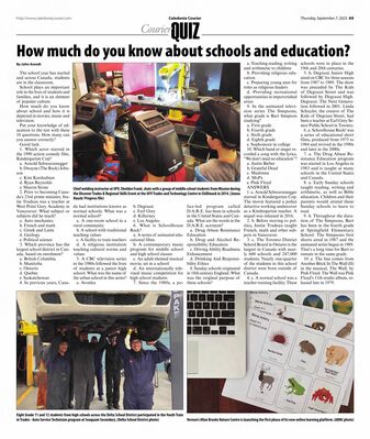 The Caledonia Courier – How Much Do You Know About Schools and Education?
Quiz feature from The Caledonia Courier dated September 7, 2023, testing readers’ knowledge on various education-related facts. One question references The Kids of Degrassi Street, describing it as the series that preceded Degrassi Junior High and Degrassi High. Created by Linda Schuyler, the show aired on CBC from 1979 to 1986 and served as the foundation for the entire Degrassi franchise.
Keywords: The Kids of Degrassi Street;The Caledonia Courier;2023;Linda Schuyler;Degrassi Junior High;Degrassi High;CBC Television;Canadian children’s television;education quiz;Canadian pop culture