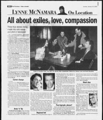 The Province – Degrassi hot
Short item from Lynne McNamara’s “On Location” column noting the ongoing popularity of the Degrassi franchise. It highlights that filmmaker Kevin Smith is a vocal fan and mentions young TV actors Carly Pope and Brendan Fehr among the generation that grew up on the show.
Keywords: The Province;2000;Degrassi;On Location column;Lynne McNamara;Kevin Smith;Carly Pope;Brendan Fehr;Vancouver;Canadian television;press mention