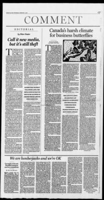 National Post – Call it new media, but it’s still theft
Editorial from the National Post dated February 2, 2000, by Peter Foster discussing the legal issues surrounding iCraveTV and copyright infringement. The piece references Degrassi High as one of the programs produced by Epitome Pictures that could be affected by unauthorized streaming, highlighting the tension between creative rights holders and new media distribution.
Keywords: National Post;2000;editorial;Peter Foster;iCraveTV;copyright infringement;Epitome Pictures;Degrassi High;Canadian television;internet streaming;media law;CBC