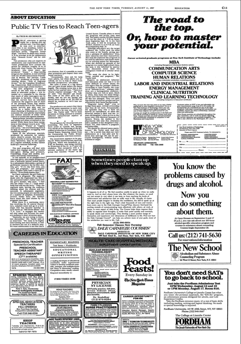 1000059664 New York Times: About Education; PUBLIC TV TRIES TO REACH TEEN-AGERS (1987)