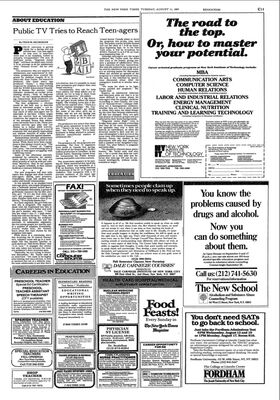 The New York Times — Public TV Tries to Reach Teen-agers
Article from The New York Times dated August 11, 1987, by Fred M. Hechinger (Education section). Discusses how public television—especially PBS—was trying to attract teenage viewers, outlining programming strategies, challenges, and educational goals.
Keywords: The New York Times;August 11 1987;Fred M. Hechinger;Education;Public TV Tries to Reach Teen-agers;PBS;public television;teen audiences;media;newspaper archive