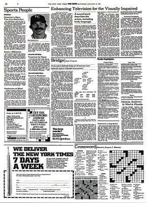 The New York Times — Enhancing Television for the Visually Impaired
Article from The New York Times dated January 27, 1990, about descriptive video services created to help the visually impaired enjoy television programming. The piece explains how narration can describe action, gestures, and scene changes to make shows more accessible. Degrassi Junior High is included among the programs adapted for this service, alongside PBS content and other educational shows.
Keywords: The New York Times;January 27 1990;Enhancing Television for the Visually Impaired;descriptive video service;accessibility;PBS;Degrassi Junior High;Canadian television;inclusive media;newspaper archive
