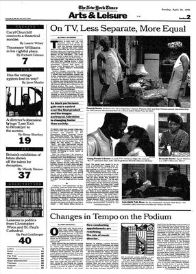 The New York Times — On TV, Less Separate, More Equal
Article from The New York Times dated April 29, 1990, by John J. O’Connor (Arts & Leisure section). The piece examines how portrayals of Black performers on television were evolving in the late 1980s and early 1990s, highlighting shows such as In Living Color, Brewster Place, and A Different World. Degrassi High is specifically noted with a photograph featuring BLT (Dayo Ade) and Michelle (Maureen McKay), illustrating the inclusion of diverse characters in youth-oriented programming. The continuation of the article appears in the Television section (page 35), though the Degrassi reference is only made in the first part.
Keywords: The New York Times;April 29 1990;John J. O’Connor;Degrassi High;BLT;Dayo Ade;Michelle;Maureen McKay;diversity on television;representation;Black performers;PBS;Canadian television;Arts & Leisure;newspaper archive