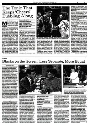 The New York Times — On TV, Less Separate, More Equal
Article from The New York Times dated April 29, 1990, by John J. O’Connor (Arts & Leisure section). The piece examines how portrayals of Black performers on television were evolving in the late 1980s and early 1990s, highlighting shows such as In Living Color, Brewster Place, and A Different World. Degrassi High is specifically noted with a photograph featuring BLT (Dayo Ade) and Michelle (Maureen McKay), illustrating the inclusion of diverse characters in youth-oriented programming. The continuation of the article appears in the Television section (page 35), though the Degrassi reference is only made in the first part.
Keywords: The New York Times;April 29 1990;John J. O’Connor;Degrassi High;BLT;Dayo Ade;Michelle;Maureen McKay;diversity on television;representation;Black performers;PBS;Canadian television;Arts & Leisure;newspaper archive