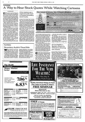 The New York Times — A Way to Hear Stock Quotes While Watching Cartoons
Article from The New York Times dated April 14, 1991 (Technology section), by Josh Kurtz. The piece explains how television stations were using the Secondary Audio Programming (SAP) channel for alternate audio feeds, including stock quotes, foreign-language dubs, and accessibility narration. In the Tech Notes sidebar (Secondary Audio’s Visual Side), Degrassi High is mentioned as one of the programs included in SAP services, highlighting its adaptation for a wider audience.
Keywords: The New York Times;April 14 1991;Josh Kurtz;Degrassi High;Secondary Audio Programming;SAP;accessibility;technology;PBS;Canadian television;newspaper archive