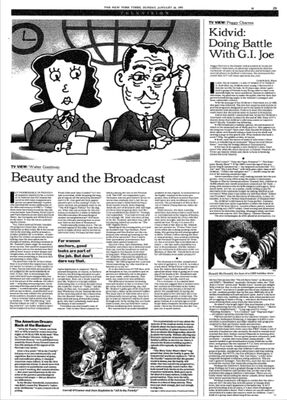 The New York Times — Kidvid: Doing Battle With G.I. Joe
Article from The New York Times dated January 26, 1992, by Peggy Charren (Television section). The piece critiques toy-based children’s programming such as G.I. Joe, contrasting it with educational and socially responsible shows. Degrassi High is mentioned as a positive example of children’s television that tackled real-life adolescent issues, standing apart from the commercialized “kidvid” landscape.
Keywords: The New York Times;January 26 1992;Peggy Charren;Kidvid;G.I. Joe;Degrassi High;educational television;children’s programming;PBS;Canadian TV;newspaper archive