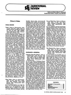School Library Journal — Catherine Finds Her Balance Review
Review of the Kids of Degrassi Street short film Catherine Finds Her Balance published in School Library Journal (Audiovisual Review section), August 1985. The review highlights the film’s focus on emotional problems children face with the aid of caring adults and friends, noting its thoughtful and upbeat approach.
Keywords: School Library Journal;August 1985;Kids of Degrassi Street;Catherine Finds Her Balance;Linda Schuyler;Degrassi;audiovisual review;Canadian television;children’s programming;educational media