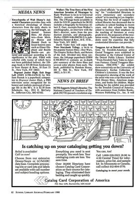 School Library Journal – Exit Stage Left Book Mention
Article from School Library Journal dated February 1988, featuring Degrassi Junior High: Exit Stage Left by William Pasnak in its Media News section. The book, published by Scholastic for $2.50, was tied to the PBS television series and praised for its realistic look at teen life in the 1980s.
Keywords: Degrassi Junior High;Exit Stage Left;William Pasnak;Scholastic;PBS;1988;teen drama;School Library Journal;book mention;Media News