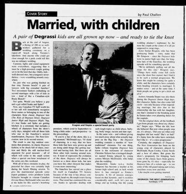 National Post – Married, with Children
Article from the National Post dated January 4, 2003, titled “Married, with Children.” Highlights the on-screen wedding of Snake (Stefan Brogren) and Spike (Amanda Stepto) in Degrassi: The Next Generation, a storyline that brings together decades of Degrassi history from The Kids of Degrassi Street, Degrassi Junior High, and Degrassi High. Includes cast reflections on the significance of the wedding and its place in the series’ legacy. Features a photo of Stefan Brogren and Amanda Stepto during the wedding 
Keywords: Degrassi: The Next Generation;National Post;2003;Stefan Brogren;Amanda Stepto;Miriam McDonald;Snake;Spike;Christine Nelson;wedding episode;Canadian television;CBC;CTV;teen drama;cast interview;behind the scenes