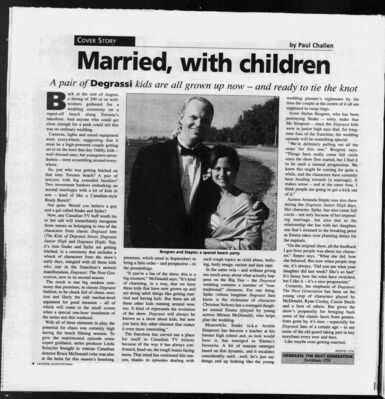 Calgary Herald – Married, with Children
Article from the Calgary Herald dated January 3, 2003, titled “Married, with Children.” Highlights the on-screen wedding of Snake (Stefan Brogren) and Spike (Amanda Stepto) in Degrassi: The Next Generation, linking decades of Degrassi history from The Kids of Degrassi Street, Degrassi Junior High, and Degrassi High. Includes quotes from cast members, including Miriam McDonald, on the storyline’s impact and legacy. Features a photo of Stefan Brogren and Amanda Stepto during the wedding scene.
Keywords: Degrassi: The Next Generation;Calgary Herald;2003;Stefan Brogren;Amanda Stepto;Miriam McDonald;Snake;Spike;Christine Nelson;wedding episode;Canadian television;CBC;CTV;teen drama;cast interview;behind the scenes