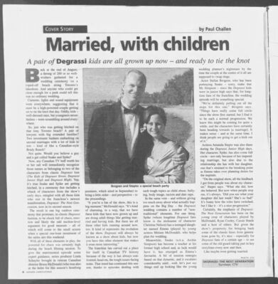 Edmonton Journal – Married, with Children
Article from the Edmonton Journal dated January 3, 2003, titled “Married, with Children.” Highlights the on-screen wedding of Snake (Stefan Brogren) and Spike (Amanda Stepto) in Degrassi: The Next Generation, connecting the storyline to decades of Degrassi history from The Kids of Degrassi Street, Degrassi Junior High, and Degrassi High. Includes cast commentary, including quotes from Miriam McDonald, on the significance of the wedding and its nostalgic value for fans. Features a photo of Stefan Brogren and
Keywords: Degrassi: The Next Generation;Edmonton Journal;2003;Stefan Brogren;Amanda Stepto;Miriam McDonald;Snake;Spike;Christine Nelson;wedding episode;Canadian television;CBC;CTV;teen drama;cast interview;behind the scenes
