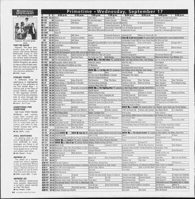 Edmonton Journal – Wednesday Spotlight: Degrassi: The Next Generation Season 3 Preview
TV listings from the Edmonton Journal dated September 12, 2003, featuring a "Wednesday Spotlight" column previewing the Season 3 premiere of Degrassi: The Next Generation. The blurb highlights Emma (Miriam McDonald) meeting her father for the first time, alongside appearances by Snake (Stefan Brogren) and Spike (Amanda Stepto). The write-up sets the stage for the season’s premiere episode, noting the family reunion storyline and its emotional impact.
Keywords: Degrassi: The Next Generation;Edmonton Journal;2003;Miriam McDonald;Stefan Brogren;Amanda Stepto;season premiere;CBC;Canadian television;teen drama;TV listings;season preview