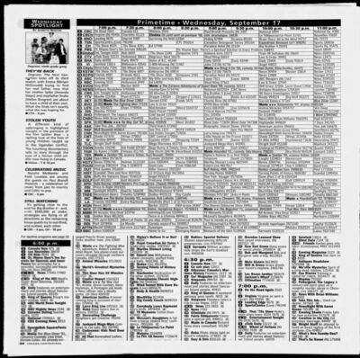 Times Colonist – Wednesday Spotlight: Degrassi Returns for Third Season
TV listings page from the Times Colonist dated September 12, 2003, featuring a “Wednesday Spotlight” highlight for Degrassi: The Next Generation. The spotlight announces the third season premiere, focusing on Emma (Miriam McDonald) dealing with her mother Spike’s (Amanda Stepto) marriage to Snake (Stefan Brogren). Mentions the wedding storyline and the episode’s continuation of bridging past Degrassi characters with new ones. Includes additional programming schedules for September 17, 2003.
Keywords: Degrassi: The Next Generation;Times Colonist;2003;Miriam McDonald;Amanda Stepto;Stefan Brogren;CTV;Canadian television;season premiere;wedding episode;TV listings;Wednesday Spotlight;Victoria BC