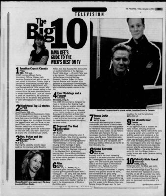 The Province – Dana Gee’s Big 10: Degrassi: The Next Generation
Article from The Province dated January 3, 2003, featuring Dana Gee’s “Big 10” guide to the week’s best TV. Includes a highlight for Degrassi: The Next Generation, promoting a special wedding-themed episode in which characters Spike and Snake are married. Cast members Pat Mastroianni, Stefan Brogren, and Miriam McDonald are mentioned, with the episode noted for reuniting original Degrassi characters with the new generation.
Keywords: Degrassi: The Next Generation;The Province;2003;Miriam McDonald;Pat Mastroianni;Stefan Brogren;Amanda Stepto;Stacey Mistysyn;Canadian television;CTV;wedding episode;Dana Gee;Big 10 TV picks