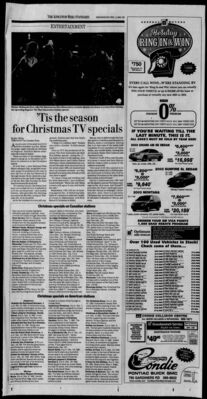 The Kingston Whig-Standard – ’Tis the Season for Christmas TV Specials
Article from The Kingston Whig-Standard dated December 3, 2003, previewing a variety of upcoming Christmas television specials. Includes a photo of Miriam McDonald, Pat Mastroianni, Elisa Broughmerry, and Jake Epstein in a scene from Holiday, the Degrassi: The Next Generation holiday special. The piece covers both Canadian and American holiday programming schedules and highlights.
Keywords: Degrassi: The Next Generation;The Kingston Whig-Standard;2003;Miriam McDonald;Pat Mastroianni;Elisa Broughmerry;Jake Epstein;Holiday special;CTV;Canadian television;Christmas programming;holiday specials;Rick Mercer