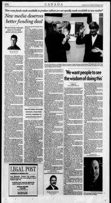 National Post – New Media Deserves Better Funding Deal
Article from the National Post dated December 30, 2003, written by Mark Evans, discussing Canada’s new media industry and the need for better funding support compared to film and television. Highlights shortcomings that threaten Canada’s status as a global industry player, the Canadian Television Fund, and initiatives in online media. Includes mention of the Degrassi franchise in the context of Canadian television content.
Keywords: Degrassi;National Post;2003;Mark Evans;Canadian Television Fund;new media industry;Canadian television;funding;media policy;online media;technology;culture industry;PrideVision;Helene Scherrer;Paul Martin;Canada Media Fund