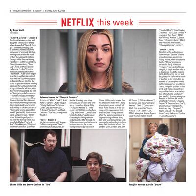 Republican and Herald – Netflix This Week: ‘Ginny & Georgia’ Season 3, ‘Tires,’ ‘Straw’
Article from the Republican and Herald dated June 8, 2025, by Raye Smith, highlighting new and returning titles on Netflix. Features Ginny & Georgia Season 3 starring Brianne Howey and Antonia Gentry, Tires Season 2 starring Shane Gillis and Steven Gerben, and Straw starring Taraji P. Henson. Mentions Sara Waisglass (Degrassi: The Next Generation) among the Ginny & Georgia cast.
Keywords: Republican and Herald;2025;Netflix;Ginny & Georgia;Tires;Straw;Brianne Howey;Antonia Gentry;Shane Gillis;Steven Gerben;Taraji P. Henson;Sara Waisglass;Degrassi: The Next Generation;streaming releases;TV series;entertainment news