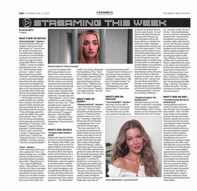 Richmond Times-Dispatch - Streaming This Week: Ginny & Georgia Season 3, Predator: Killer of Killers, Phineas and Ferb Season 5 and upcoming premieres
Article from the Richmond Times-Dispatch dated May 31, 2025, in the "Streaming This Week" section. Covers Netflix's June premieres, including Ginny & Georgia Season 3 starring Brianne Howey and Antonia Gentry. Also highlights the premieres of Tires Season 2, Predator: Killer of Killers (2025) on Hulu, Phineas and Ferb Season 5 on Disney+, Honestly Cavallar: The Head Honcho on Peacock, and The Killer Next Door: Murder on the Moors on AMC+.
Keywords: Ginny & Georgia;The Next Generation;Predator: Killer of Killers;Phineas and Ferb;Honestly Cavallar: The Head Honcho;The Killer Next Door: Murder on the Moors;Richmond Times-Dispatch;Streaming This Week;2025 article;Netflix premieres;Hulu premier