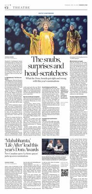 The Toronto Star - Dora Awards nominations article mentions Degrassi alum Noah Reid
Article from The Toronto Star dated May 29, 2025, about the 45th Dora Mavor Moore Awards nominations. In the "Critic's Notebook" section, the piece mentions former "Degrassi" and "Schitt's Creek" star Noah Reid, noting he was not nominated for his starring performance in Soulpepper's "The Seagull."
Keywords: Degrassi;The Next Generation;Noah Reid;The Toronto Star;Dora Mavor Moore Awards;2025 article;alumni cast
