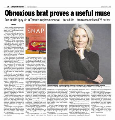 The Province - Author and former Degrassi writer Susin Nielsen recalls being asked about Drake
Article from The Province dated May 11, 2025, profiling author Susin Nielsen. The piece mentions her past work as a television writer, and Nielsen shares an anecdote about a student asking her if she was on "Degrassi" and if she had met Drake. Nielsen was a writer for the show.
Keywords: Degrassi;The Next Generation;Susin Nielsen;Drake;The Province;2025 article;writer;alumni crew