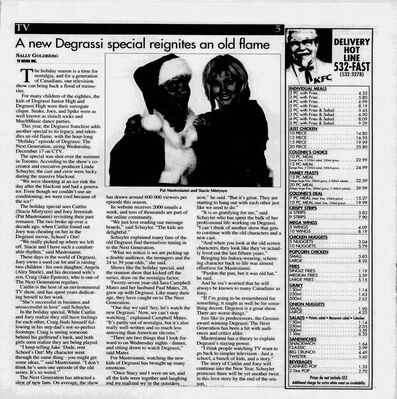The Daily Herald-Tribune – A new Degrassi special reignites an old flame
The Daily Herald-Tribune article published December 12, 2003, previewing Degrassi: The Next Generation’s holiday special Holiday. The piece features comments from Linda Schuyler and highlights the return of Caitlin (Stacie Mistysyn) and Joey (Pat Mastroianni), along with mentions of Craig (Jake Epstein) and other Next Generation characters.
Keywords: Jake Epstein;Stacie Mistysyn;Pat Mastroianni;Degrassi;Degrassi: The Next Generation;Degrassi High;Holiday special;CTV;Canadian television;The Daily Herald-Tribune;teen drama;2003