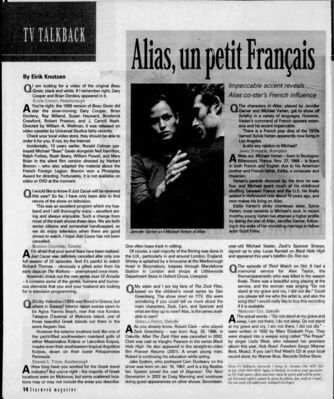 The Toronto Star – Alias, un petit Français
Article by Eirik Knutzen published December 13, 2003, in The Toronto Star TV Talkback section. Focuses on Michael Vartan (Alias), his French background, and career. The Q&A also mentions Jake Epstein (Degrassi: The Next Generation) in his role as Craig Manning, and Daniel Clark, who played Sean Cameron on the show, highlighting their involvement in Canadian television alongside other young actors.
Keywords: Degrassi, Degrassi: The Next Generation, Jake Epstein, Craig Manning, Daniel Clark, Sean Cameron, Michael Vartan, Alias, Toronto Star, 2003