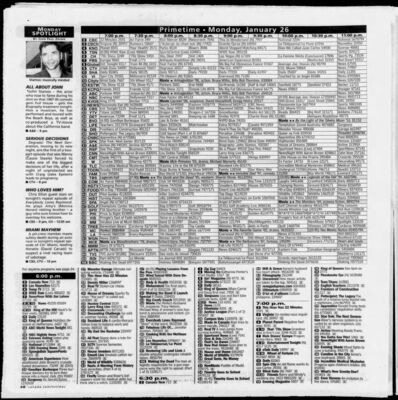 Times Colonist – Serious Decisions on Degrassi: The Next Generation
TV listings from the Times Colonist (Jan 23, 2004) for January 26 primetime programming. Highlights Degrassi: The Next Generation beginning a two-part storyline in which Manny (Cassie Steele) is forced to face one of the biggest decisions of her life, with Craig (Jake Epstein) entangled in a pregnancy scare with Ashley.
Keywords: Degrassi;Degrassi: The Next Generation;2004;Times Colonist;Serious Decisions;Manny Santos;Cassie Steele;Craig Manning;Jake Epstein;Ashley Kerwin;pregnancy storyline;Canadian television;CTV;teen drama