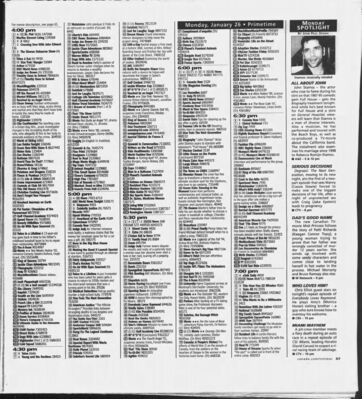 Calgary Herald – Serious Decisions on Degrassi: The Next Generation
TV listings from the Calgary Herald (Jan 23, 2004) for January 26 primetime programming. Highlights Degrassi: The Next Generation beginning a two-part storyline where Manny (Cassie Steele) is faced with one of the biggest decisions of her life, while Craig (Jake Epstein) is caught between Ashley and Manny in a pregnancy scare.
Keywords: Degrassi;Degrassi: The Next Generation;2004;Calgary Herald;Serious Decisions;Manny Santos;Cassie Steele;Craig Manning;Jake Epstein;Ashley Kerwin;pregnancy storyline;Canadian television;CTV;teen drama