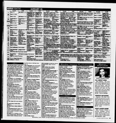 National Post – Serious Decisions on Degrassi: The Next Generation
TV listings from the National Post (Jan 24, 2004) for January 26 primetime programming. Highlights Degrassi: The Next Generation starting a two-part storyline where Manny (Cassie Steele) faces one of the biggest decisions of her life, after a night of regret with Craig (Jake Epstein), leading to a pregnancy scare.
Keywords: Degrassi;Degrassi: The Next Generation;2004;National Post;Serious Decisions;Manny Santos;Cassie Steele;Craig Manning;Jake Epstein;Ashley Kerwin;pregnancy storyline;Canadian television;CTV;teen drama