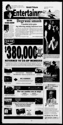 Daily Herald-Tribune – Degrassi smash: Canadian series gains big following among American teens
Entertainment section feature from the Daily Herald-Tribune (Oct. 15, 2004) highlighting Degrassi: The Next Generation’s success in the U.S. The article notes the show’s realistic portrayal of teen issues and its growing American fanbase. The accompanying photo includes Jake Epstein as Craig Manning, Daniel Clark as Sean Cameron, Aubrey Graham as Jimmy Brooks, Adamo Ruggiero as Marco Del Rossi, and Shane Kippel as Gavin “Spinner” Mason.
Keywords: Degrassi;Degrassi: The Next Generation;Daily Herald-Tribune;Grande Prairie Alberta;2004;Entertainment section;Canadian television;American audience;season 4;Jake Epstein;Craig Manning;Daniel Clark;Sean Cameron;Aubrey Graham;Jimmy Brooks;Ada
