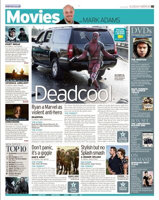 February 7, 2016 – Sunday Mirror (UK) – Degrassi: Next Class Mention
This page from the February 7, 2016 issue of the Sunday Mirror features an "On Demand" TV section in the bottom-right corner that highlights Degrassi: Next Class as a new streaming option on Netflix. Although the main article focuses on Deadpool, the Degrassi blurb promotes the first season of the Netflix reboot and describes it as a continuation of the long-running teen drama.
Keywords: Degrassi: Next Class;Netflix;Sunday Mirror;2016;UK press;Degrassi press;media mention;TV listings;Degrassi reboot