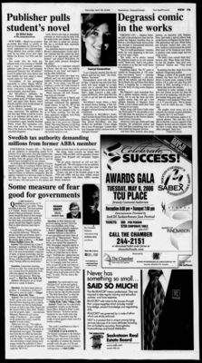 Star-Phoenix – Degrassi comic in the works
A Star-Phoenix article (April 29, 2006), syndicated from the Canadian Press, covering the announcement of the Degrassi: Extra Credit graphic novel series. The piece includes comments from producer Stephen Stohn about expanding the Degrassi franchise beyond television and details the planned distribution of the comics in Canada, the U.S., and France.
Keywords: Degrassi;Degrassi: The Next Generation;Degrassi Extra Credit;Star-Phoenix;Canadian Press;2006;graphic novels;comic books;Stephen Stohn;Linda Schuyler;Canadian television;media coverage;franchise expansion