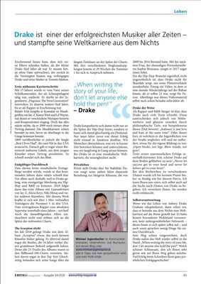 April 2020 – ERFOLG Magazin (Germany) – Drake Feature
This page from ERFOLG Magazin (April 2020) highlights Drake’s early acting start on Degrassi: The Next Generation, tracing his journey from Canadian teen drama to international music success.
Keywords: Drake;Aubrey Graham;Degrassi: The Next Generation;ERFOLG Magazin;Germany;2020;press clipping;European press;Drake quotes;international feature