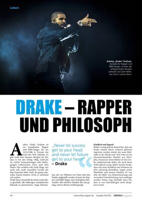April 2020 – ERFOLG Magazin (Germany) – Drake Feature
Drake featured in ERFOLG Magazin (April 2020, Germany) with a dramatic live performance photo and quote on success and failure. Opens a two-page article on his rise to global fame.
Keywords: Drake;Aubrey Graham;Degrassi: The Next Generation;ERFOLG Magazin;Germany;2020;press clipping;European press;Drake quotes;international feature