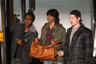 Danny, Sav & Jay in the Garage
Dalmar Abuzeid (Danny Van Zandt) on the left, Raymond Ablack (Sav Bhandari) in the middle, and Mike Lobel (Jay Hogart) on the right during a tense garage scene from Degrassi Goes Hollywood. Released August 7, 2009 on Facebook.
Keywords: Degrassi Goes Hollywood, promotional photo, Dalmar Abuzeid, Danny Van Zandt, Raymond Ablack, Sav Bhandari, Mike Lobel, Jay Hogart, 2009, garage scene