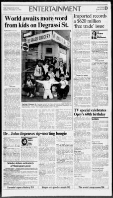 World Awaits More Word from Kids on Degrassi St.
The Toronto Star entertainment article featuring The Kids of Degrassi Street, with cast members photographed outside the real Degrassi Grocery used in the television series. The piece highlights the show’s growing recognition and cultural impact in Canada during the mid-1980s.
Keywords: Degrassi;The Kids of Degrassi Street;Toronto Star;Canadian television;children’s television;1985 press;CBC;TVOntario;Degrassi Grocery;Neil Hope;John Ioannou;Sarah Charlesworth;Stacie Mistysyn;Tyson Talbot;Danah Jean Brown;Arlene Lott;Chris