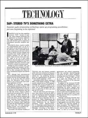 SAP: Stereo TV’s Something Extra – Degrassi High Mention – Page 75
Page 75 of “SAP: Stereo TV’s Something Extra” by Peter D. Lambert, published in the November 12, 1990 issue of Broadcasting. The article examines the growing use of Separate Audio Program (SAP) technology and WGBH’s Descriptive Video Service. Degrassi High is identified as one of the PBS programs receiving descriptive audio through DVS, beginning April 28, 1990.
Keywords: Degrassi;Degrassi High;Broadcasting;Broadcasting Magazine;Peter D Lambert;WGBH;PBS;Descriptive Video Service;DVS;Separate Audio Program;SAP;accessibility;audio description;television accessibility;PBS Degrassi;Degrassi USA