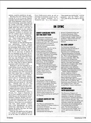 SAP: Stereo TV’s Something Extra – Page 76 (1990)
Page 76 and conclusion of “SAP: Stereo TV’s Something Extra” by Peter D. Lambert, published in the November 12, 1990 issue of Broadcasting. This page continues the discussion of SAP, descriptive video, multilingual television broadcasting, and emerging accessibility technology. It accompanies page 75, which identifies Degrassi High as one of the programs distributed with WGBH’s Descriptive Video Service.
Keywords: Degrassi;Degrassi High;Broadcasting;Broadcasting Magazine;Peter D Lambert;WGBH;PBS;Descriptive Video Service;DVS;Separate Audio Program;SAP;accessibility;audio description;television accessibility;Degrassi USA
