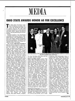 Ohio State Awards Honor 68 for Excellence – Degrassi High Mention 
“Ohio State Awards Honor 68 for Excellence,” published in the April 22, 1991 issue of Broadcasting. The article lists Degrassi High, produced by Playing With Time Inc. and presented through WGBH-TV Boston, among the winners in the Performing Arts and Humanities category of the 1991 Ohio State Awards.
Keywords: Degrassi;Degrassi High;Broadcasting;Broadcasting Magazine;Ohio State Awards;Playing With Time;WGBH;PBS;awards;television awards;Canadian television;Degrassi USA;1991