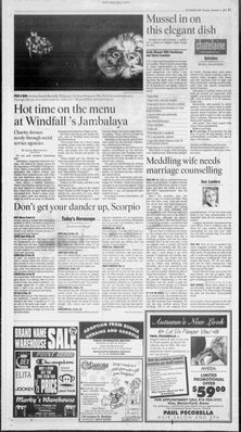 “Hot Time on the Menu at Windfall’s Jambalaya” – Page E7
Full-page scan from The Toronto Star dated November 1, 2001, featuring the article “Hot Time on the Menu at Windfall’s Jambalaya” by Janice Mawhinney. The article promotes Windfall Clothing Services’ second annual Jambalaya fundraiser and includes a photograph of 13-year-old Degrassi: The Next Generation actress Sarah Barrable-Tishauer posing with a mask created by a Glenview Senior Public School student. Photograph by Tannis Toohey for the Toronto Star.
Keywords: Sarah Barrable-Tishauer;Liberty Van Zandt;Degrassi;Degrassi The Next Generation;The Toronto Star;Toronto Star;Janice Mawhinney;Tannis Toohey;Hot Time on the Menu at Windfall’s Jambalaya;Windfall Clothing Services;Jambalaya;Glenview Senior Publi
