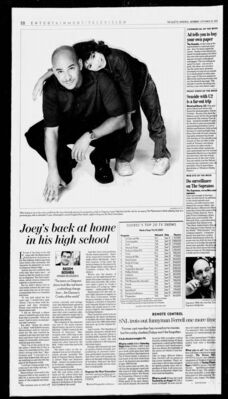 Joey’s Back at Home in His High School – Pat Mastroianni Interview
Full-page The Gazette article from September 28, 2002, focusing on Pat Mastroianni’s return as Joey Jeremiah in Degrassi: The Next Generation. The piece reflects on his history with the franchise, the authenticity of the show’s teen characters, and its impact compared to other teen dramas. Includes a large promotional photo of Mastroianni with Alex Steele (Angela Jeremiah).

Keywords: Pat Mastroianni;Joey Jeremiah;Alex Steele;Angela Jeremiah;Degrassi: The Next Generation;The Gazette;Montreal;Quebec;Canada;Newspaper Article;Press Clipping;Interview;September 2002;Season 2;Canadian TV;Teen Drama