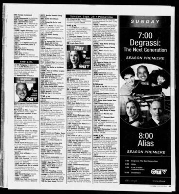 CTV Schedule Listing – Degrassi: The Next Generation Season 2 Premiere
CTV newspaper TV listings from September 29, 2002, promoting the season two premiere of Degrassi: The Next Generation at 7:00 p.m., followed by the season premiere of Alias. Includes a large CTV ad featuring Pat Mastroianni (Joey Jeremiah), Jake Epstein (Craig Manning), and Alex Steele (Angela Jeremiah).
Keywords: CTV;TV listings;newspaper ad;Degrassi: The Next Generation;Season 2;Pat Mastroianni;Jake Epstein;Alex Steele;Joey Jeremiah;Craig Manning;Angela Jeremiah;September 2002;Canada;Television Schedule;Season Premiere;Alias