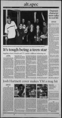 It’s Tough Being a Teen Star – Melissa McIntyre & Daniel Clark Interviews
Full-page The Hamilton Spectator feature from January 8, 2002, spotlighting Melissa McIntyre (Ashley Kerwin) and Daniel Clark (Sean Cameron) from Degrassi: The Next Generation. The article covers balancing school, acting, and personal life, as well as how their real-life personalities differ from their on-screen roles. Includes a cast group photo with McIntyre and commentary on the show’s realistic teen portrayals.
Keywords: Melissa McIntyre;Ashley Kerwin;Daniel Clark;Sean Cameron;Degrassi: The Next Generation;The Hamilton Spectator;Hamilton;Ontario;Canada;Newspaper Article;Press Clipping;Interview;January 2002;Season 1;Canadian TV;Teen Drama